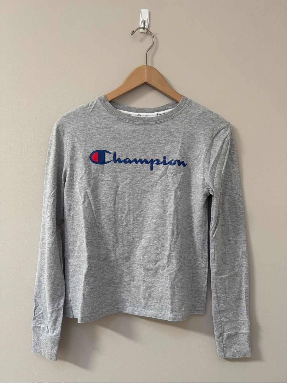 Champion Gray Long-Sleeve Tee with Blue & Red Logo